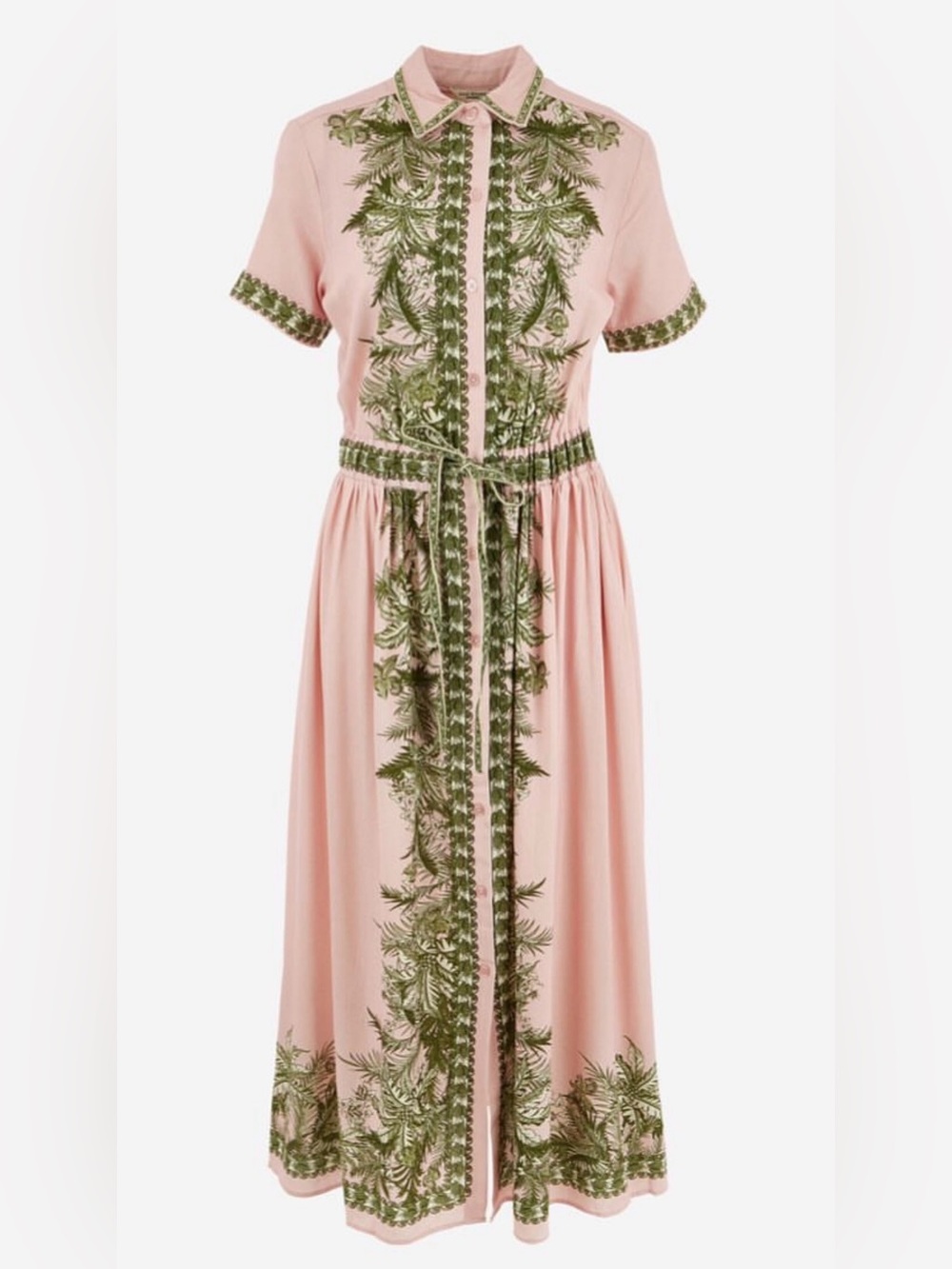 Linen maxi dress button down shirt collar tropical palm print pockets blush